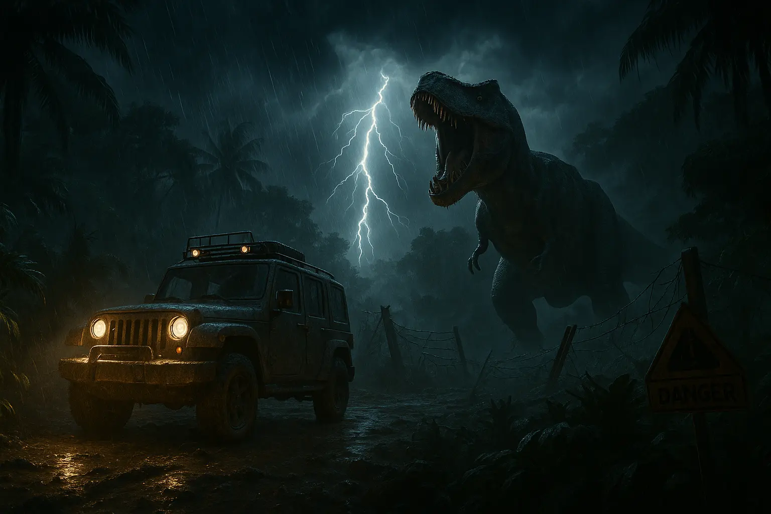 A Tyrannosaurus rex roaring in the rain beside the Jurassic Park tour vehicles