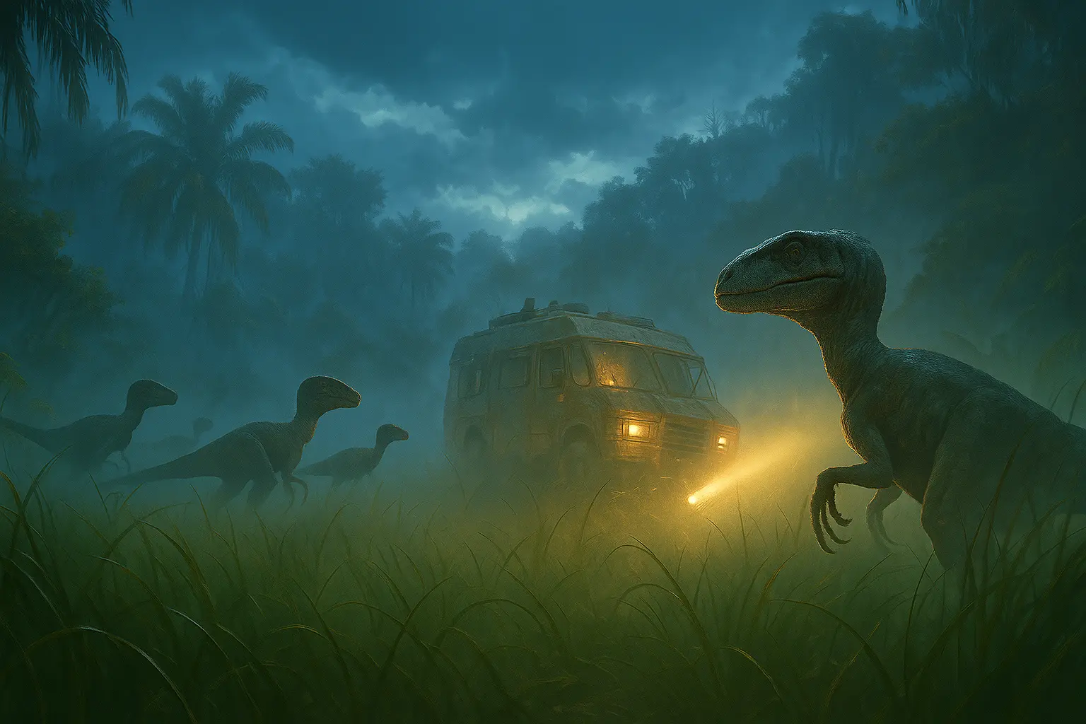 Two T. rex closing in on a research trailer on Isla Sorna in The Lost World