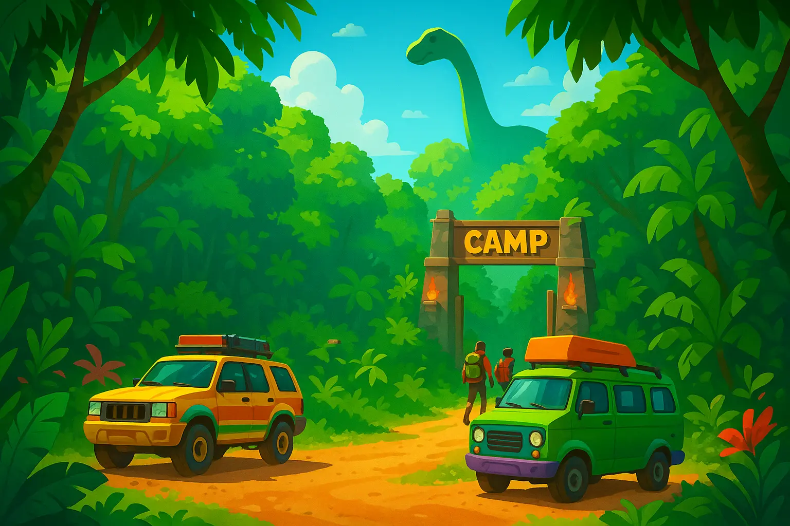 The Camp Cretaceous kids fleeing an Indominus rex through the Isla Nublar jungle