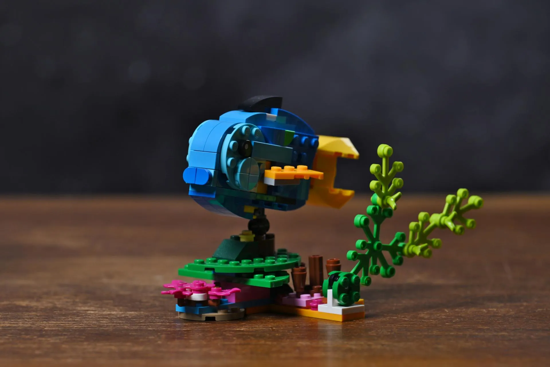 LEGO Creator 3in1 Exotic Parrot (31136) The blue-and-yellow fish alternate build of the LEGO Creator Exotic Parrot (31136) set on its seabed stand with sea plants