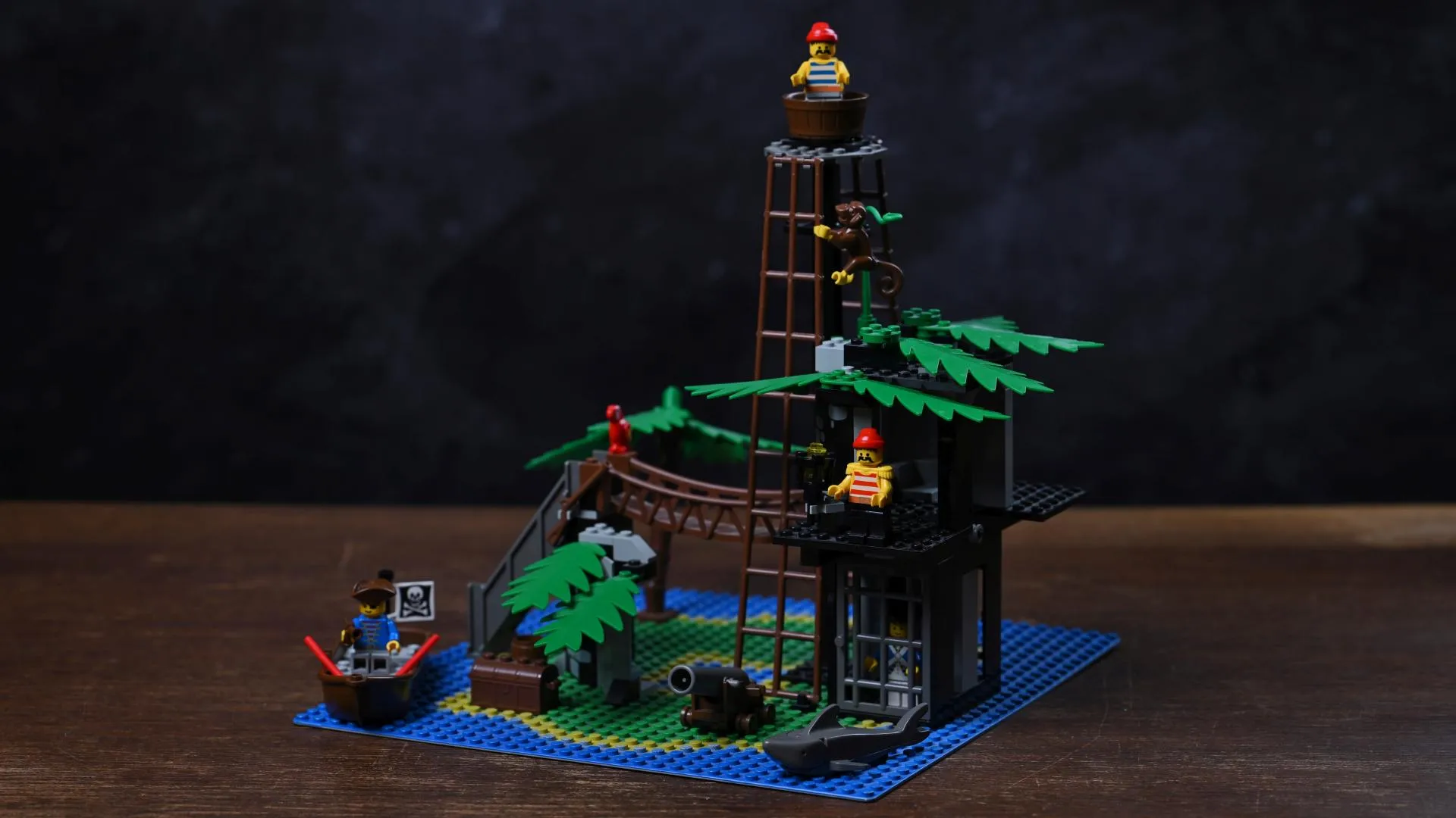 LEGO Pirates Forbidden Island (6270): 35 years and three generations later The complete LEGO Pirates Forbidden Island (6270) set from 1989, fully built after 35 years, with its watchtower lookout, rope bridge, dungeon, and rowboat