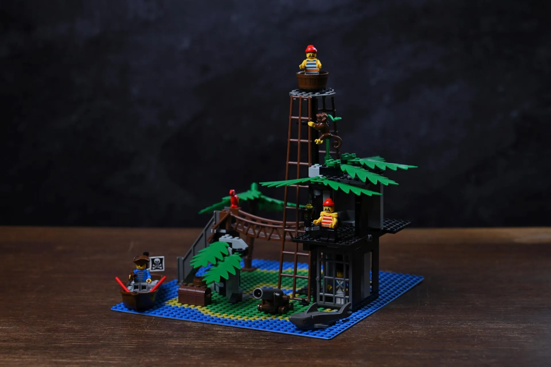 LEGO Pirates Forbidden Island (6270): 35 years and three generations later The complete LEGO Pirates Forbidden Island (6270) set from 1989, fully built after 35 years, with its watchtower lookout, rope bridge, dungeon, and rowboat