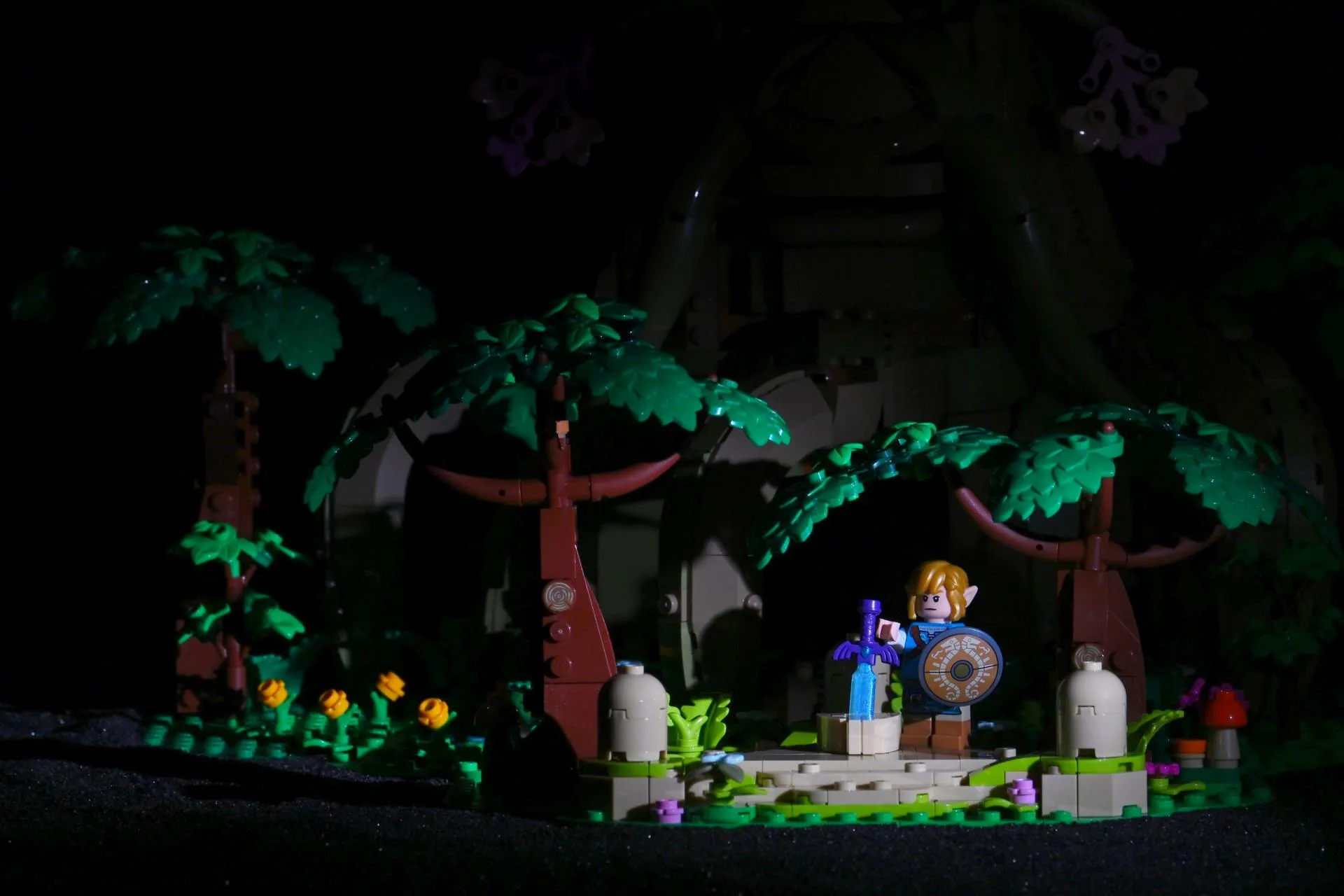 SmallRig RM01 Spotlight Test – LEGO Zelda Great Deku Tree Single SmallRig RM01 mini LED spotlight focused on Link and the Master Sword pedestal on the LEGO Great Deku Tree diorama