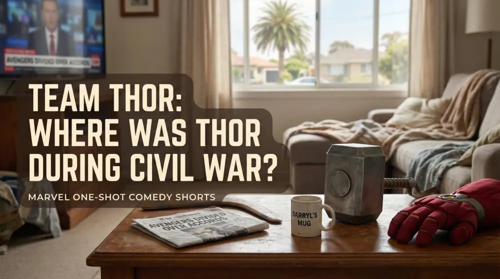 Thor relaxing with his roommate Darryl in a comical setting