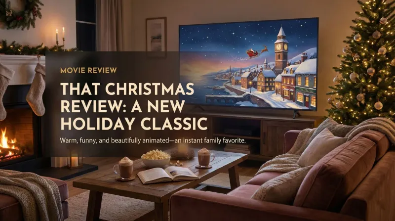 Animated scene from That Christmas showing a snowy village and a chaotic Santa moment