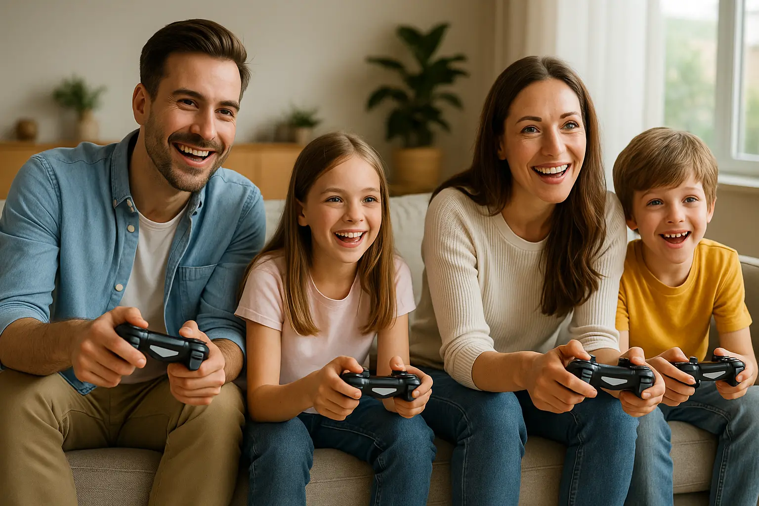 Parent and child laughing while playing co-op video games together on the couch