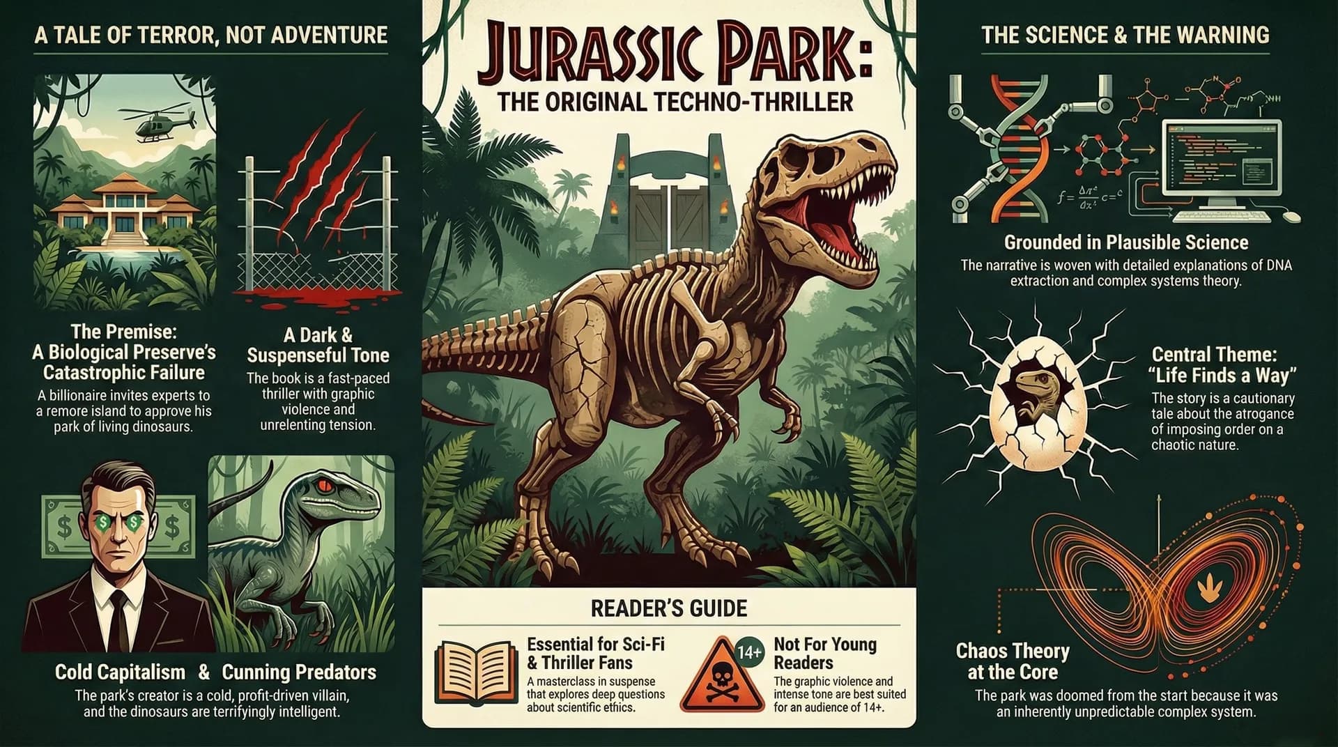 Book cover of Jurassic Park by Michael Crichton showing the iconic T-Rex skeleton silhouette