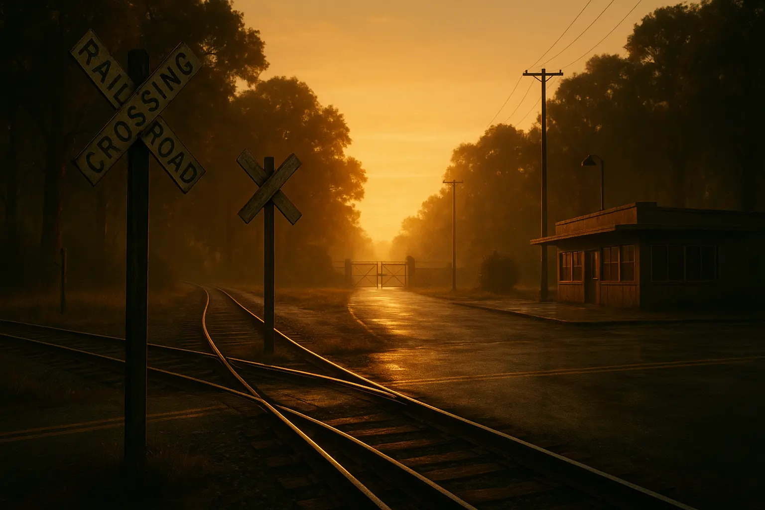 Book cover of The Affair by Lee Child showing a railroad crossing in a rural Southern town