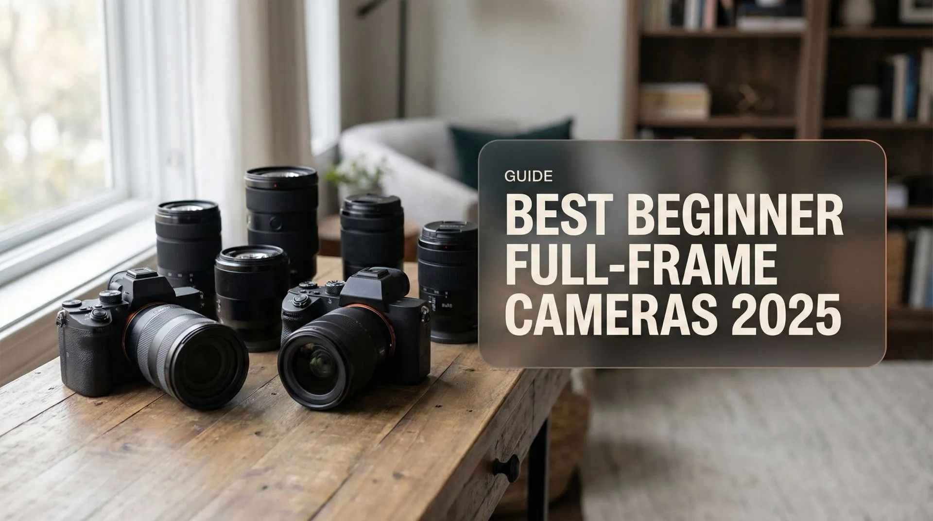 Full-frame mirrorless cameras from Nikon, Canon, Sony, and Panasonic on a wooden desk with lenses