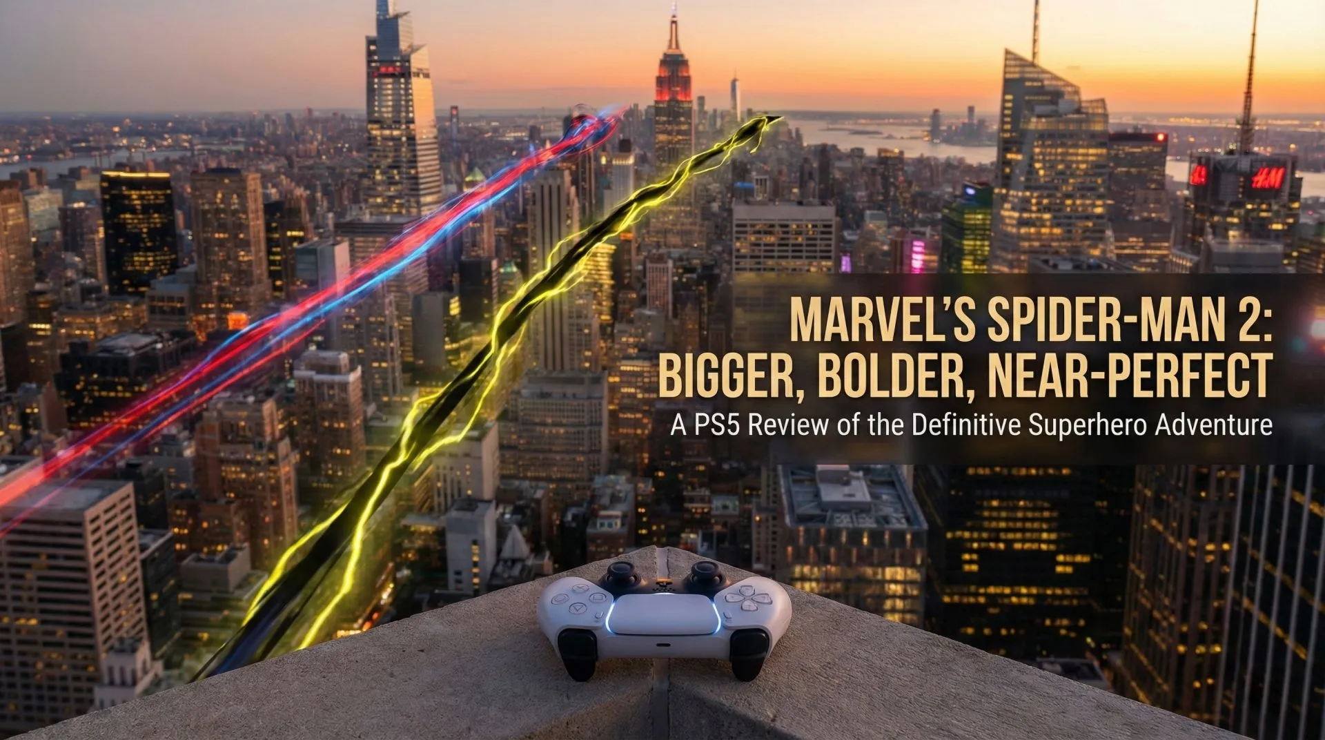 Peter and Miles racing above Manhattan with web wings at sunset