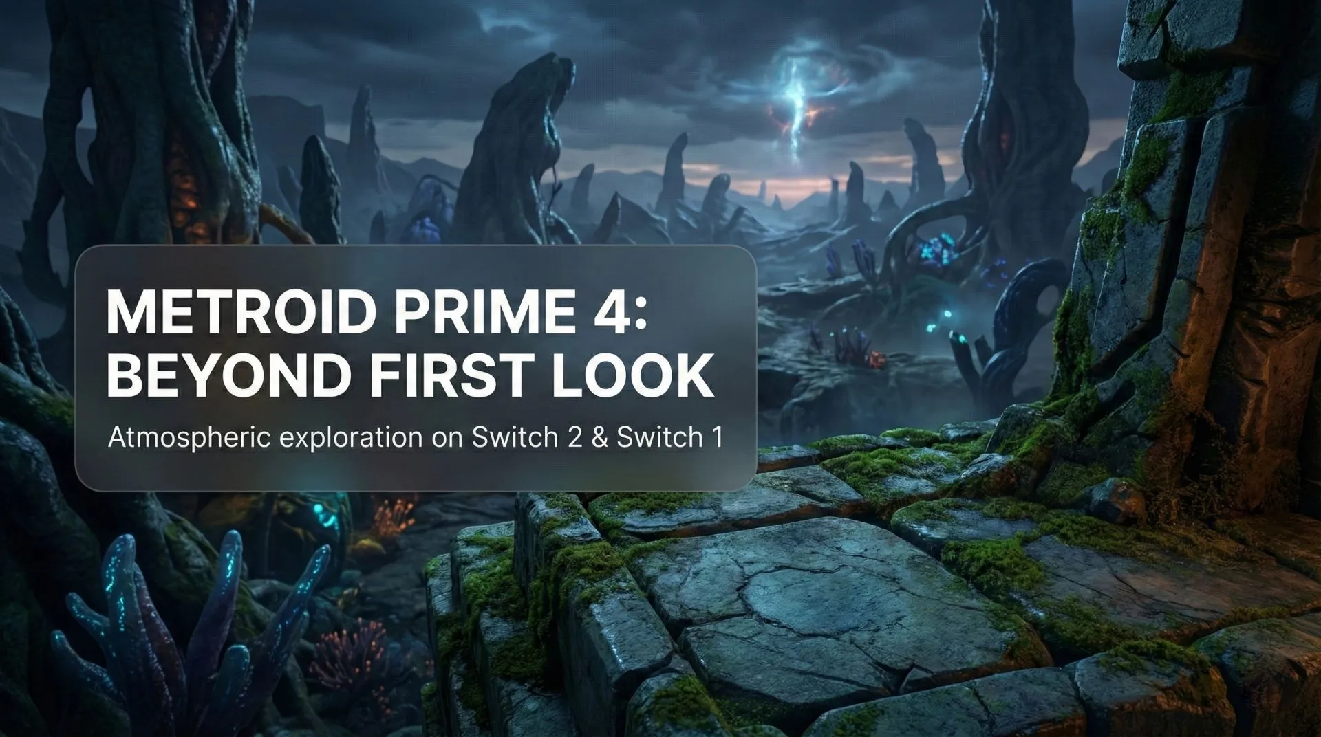 Samus Aran scanning alien ruins beneath a stormy sky