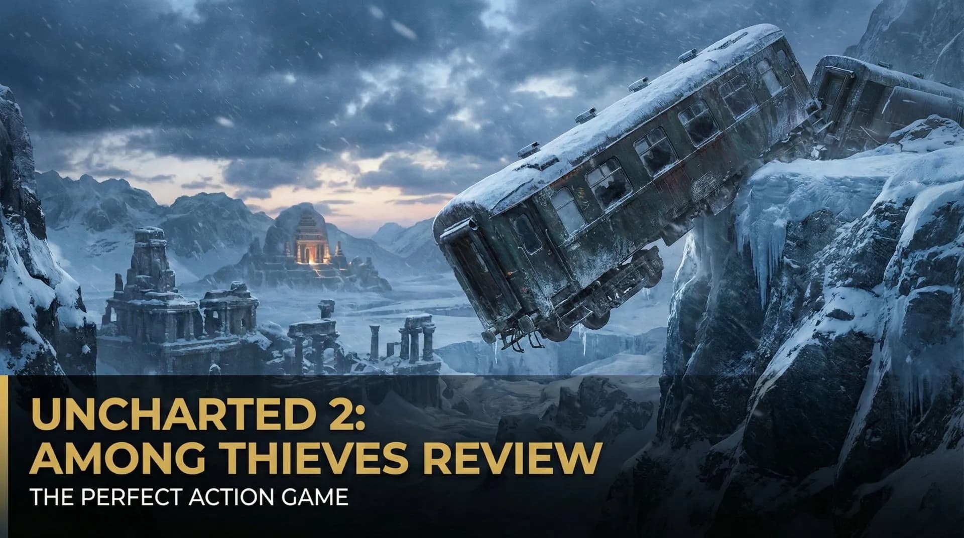 Nathan Drake hanging from a derailed train in the snow