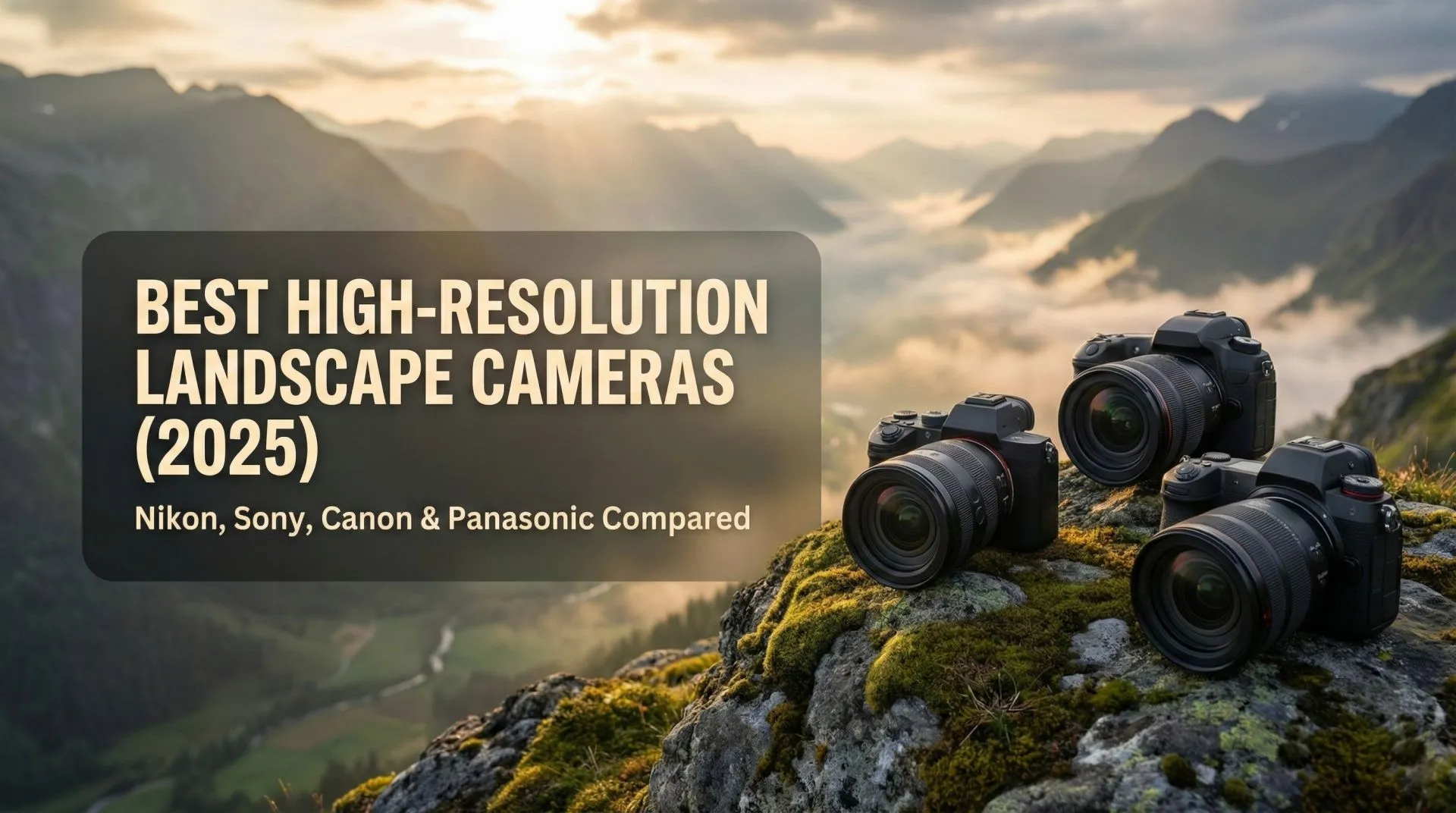 High-resolution full-frame mirrorless cameras with wide-angle lenses on a rocky landscape viewpoint at sunrise