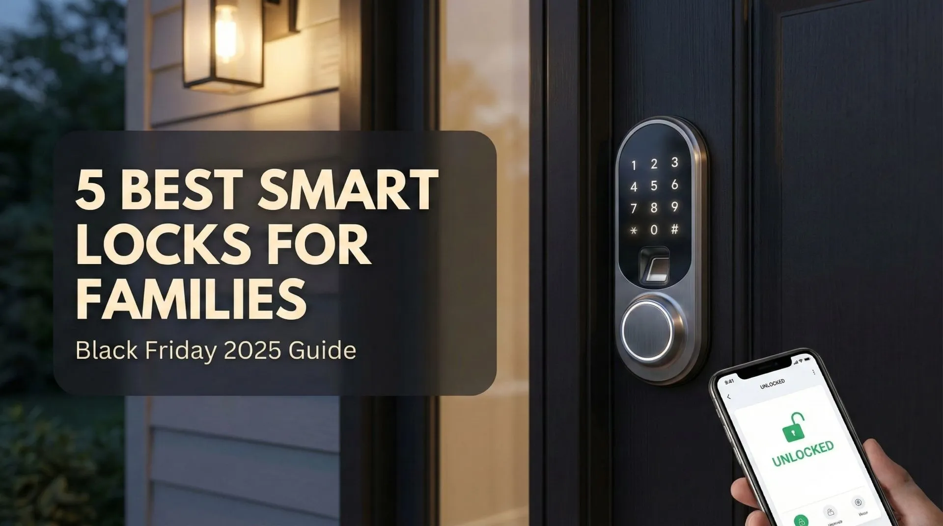 Smart lock on a front door as a family arrives home with bags and backpacks