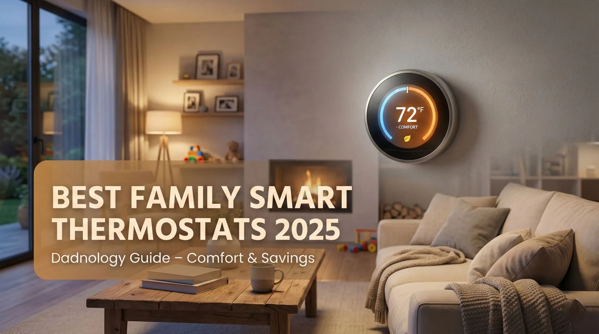 Smart thermostat on a living-room wall with a happy family relaxing on a couch