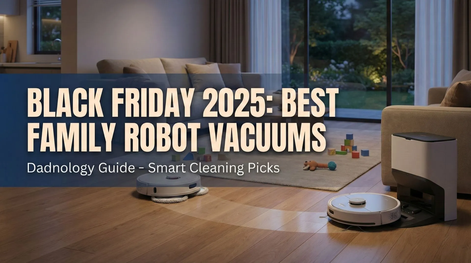 Five robot vacuum cleaners on a family home's floor with kids and pets in the background