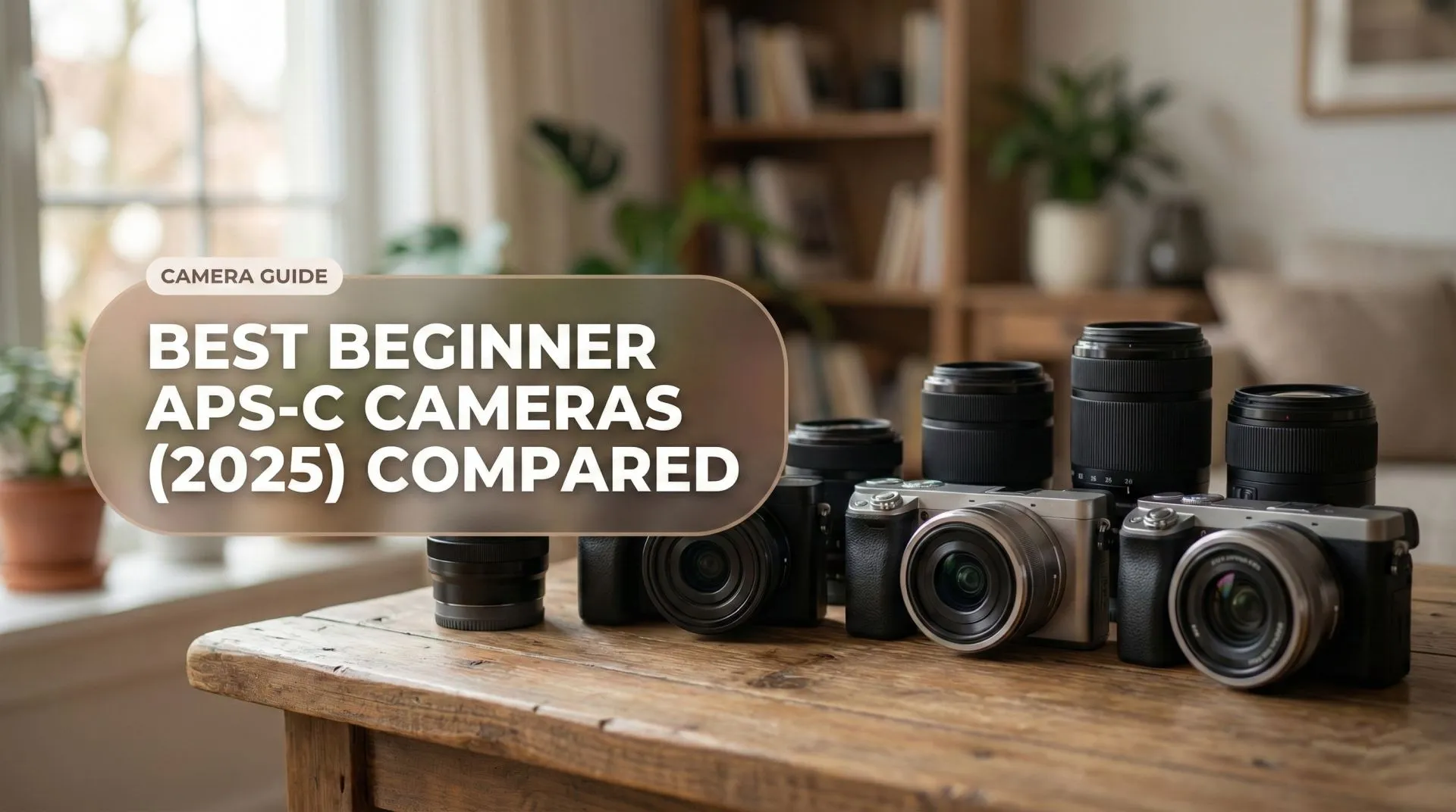 APS-C mirrorless cameras from Nikon, Canon, Sony, and Fujifilm on a desk with lenses