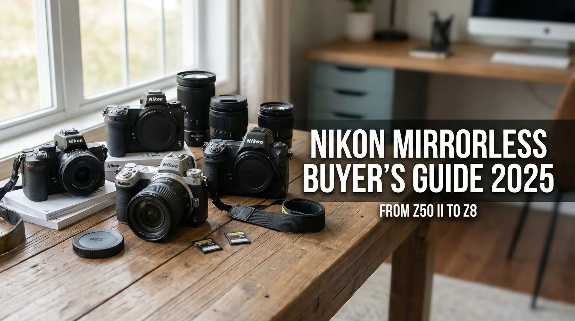 Nikon Z mirrorless cameras from entry-level to high-end arranged on a wooden table