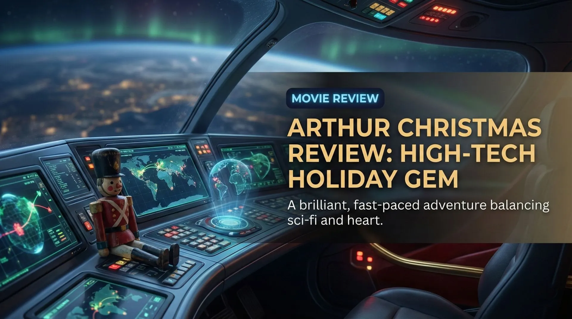 Arthur Christmas holding a wrapped gift with a worried expression, surrounded by high-tech elves