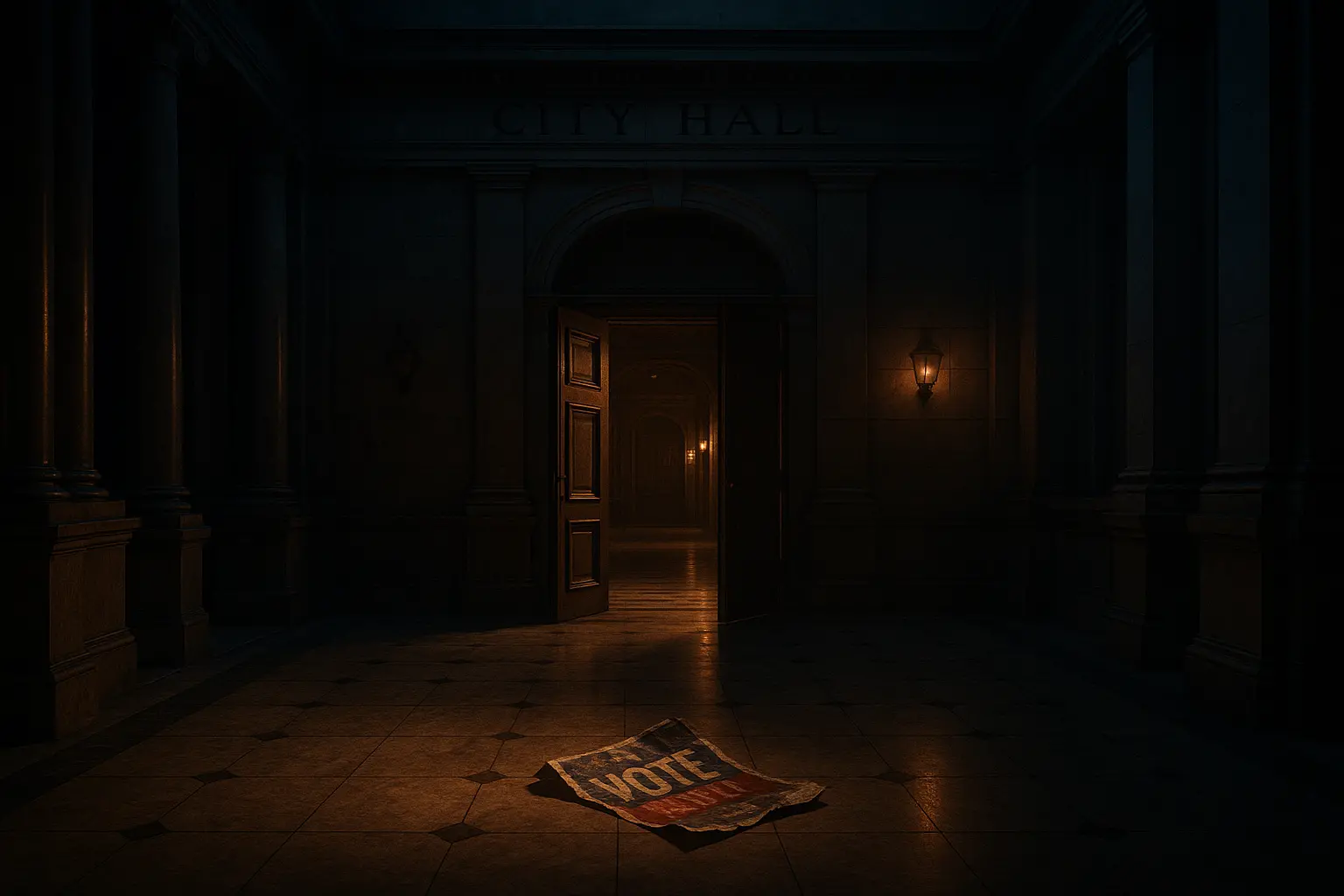 Matt Murdock in his Daredevil suit facing Wilson Fisk in a starkly lit hallway