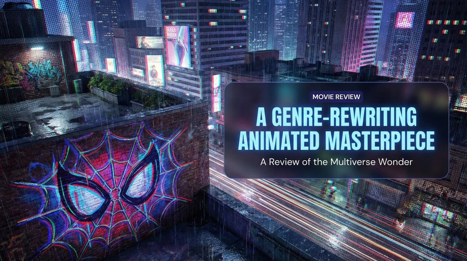 Miles Morales leaping upside-down across a neon-splashed New York skyline