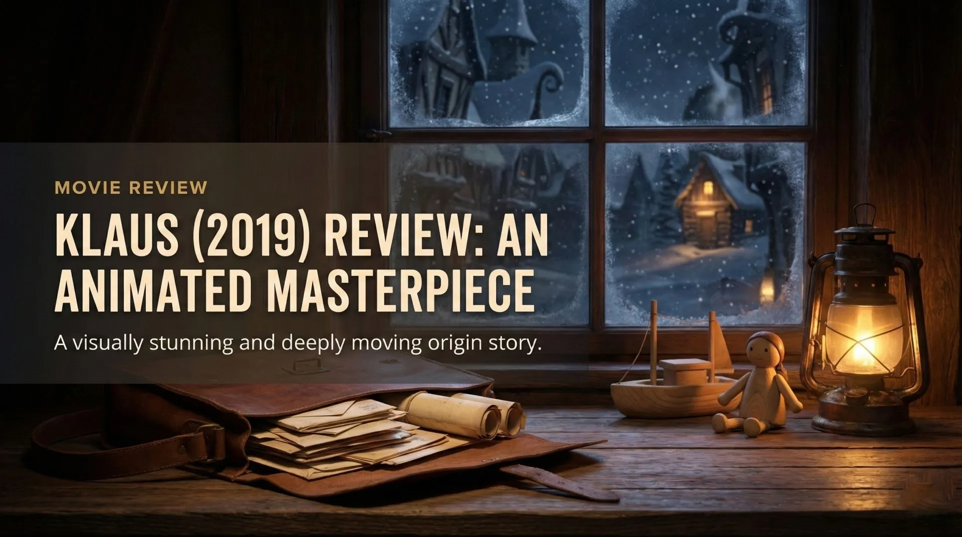 Jesper and Klaus standing in the snow with a bag of toys in the animated film Klaus