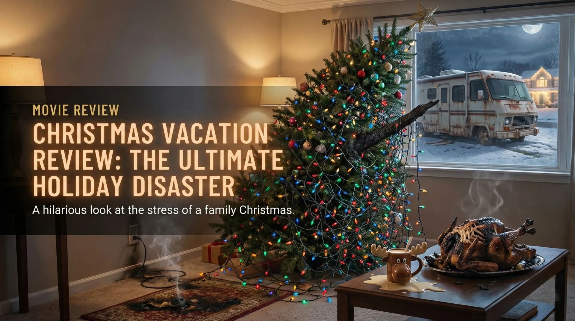 Clark Griswold holding a tangled mess of Christmas lights with a crazed look in his eyes