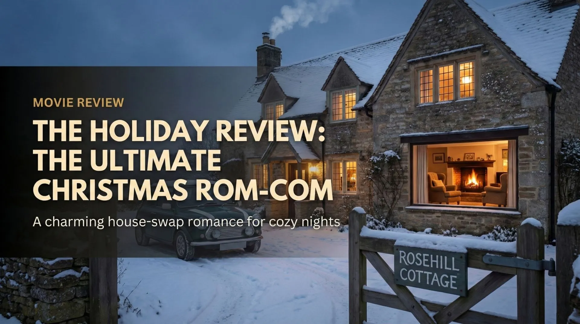 Cameron Diaz and Jude Law walking in a snowy English village