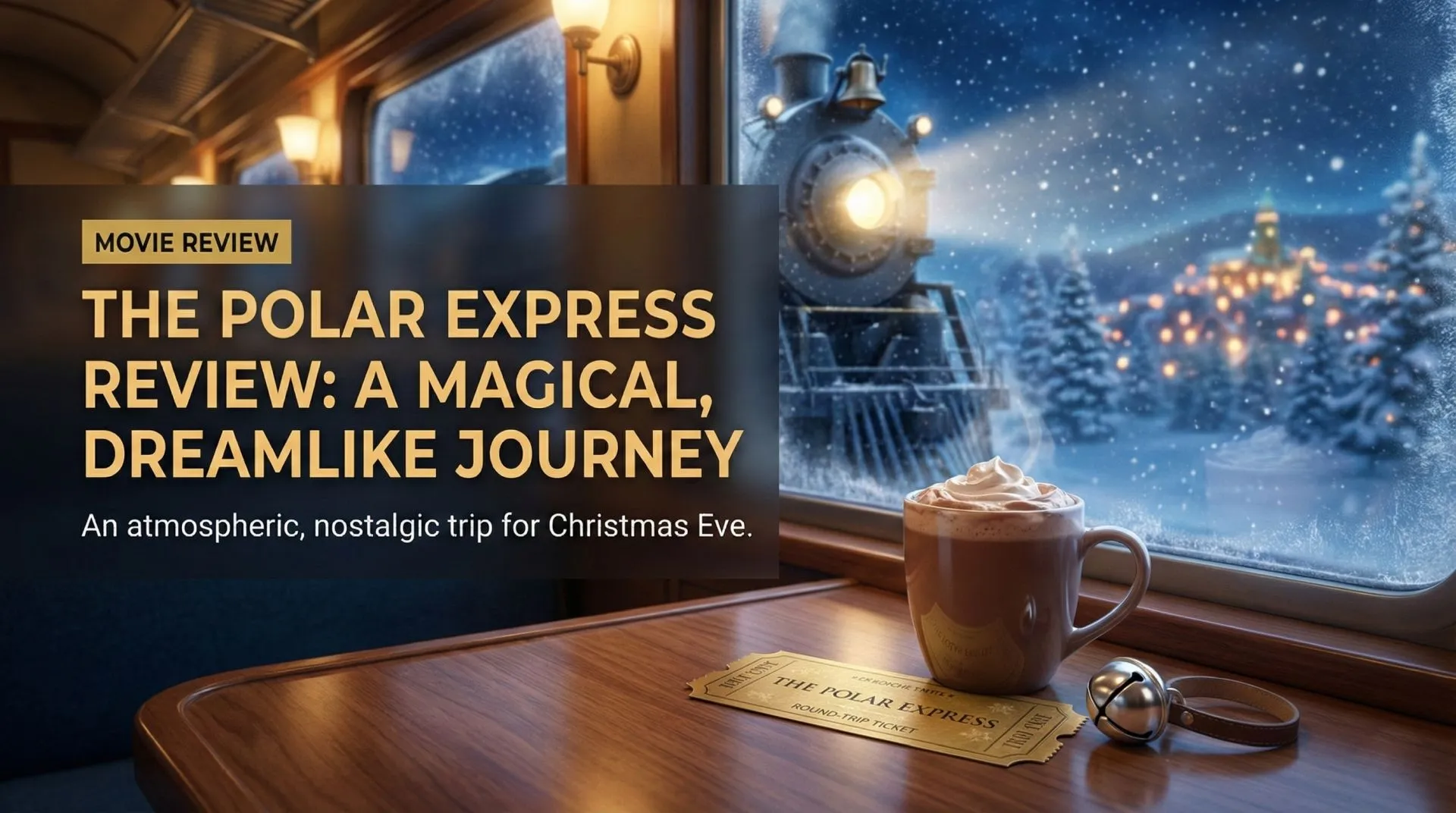 The Polar Express train steaming through a snowy landscape at night