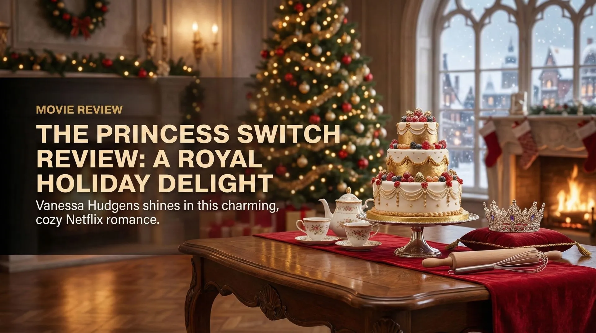 Vanessa Hudgens as Stacy and Margaret standing back to back in festive outfits