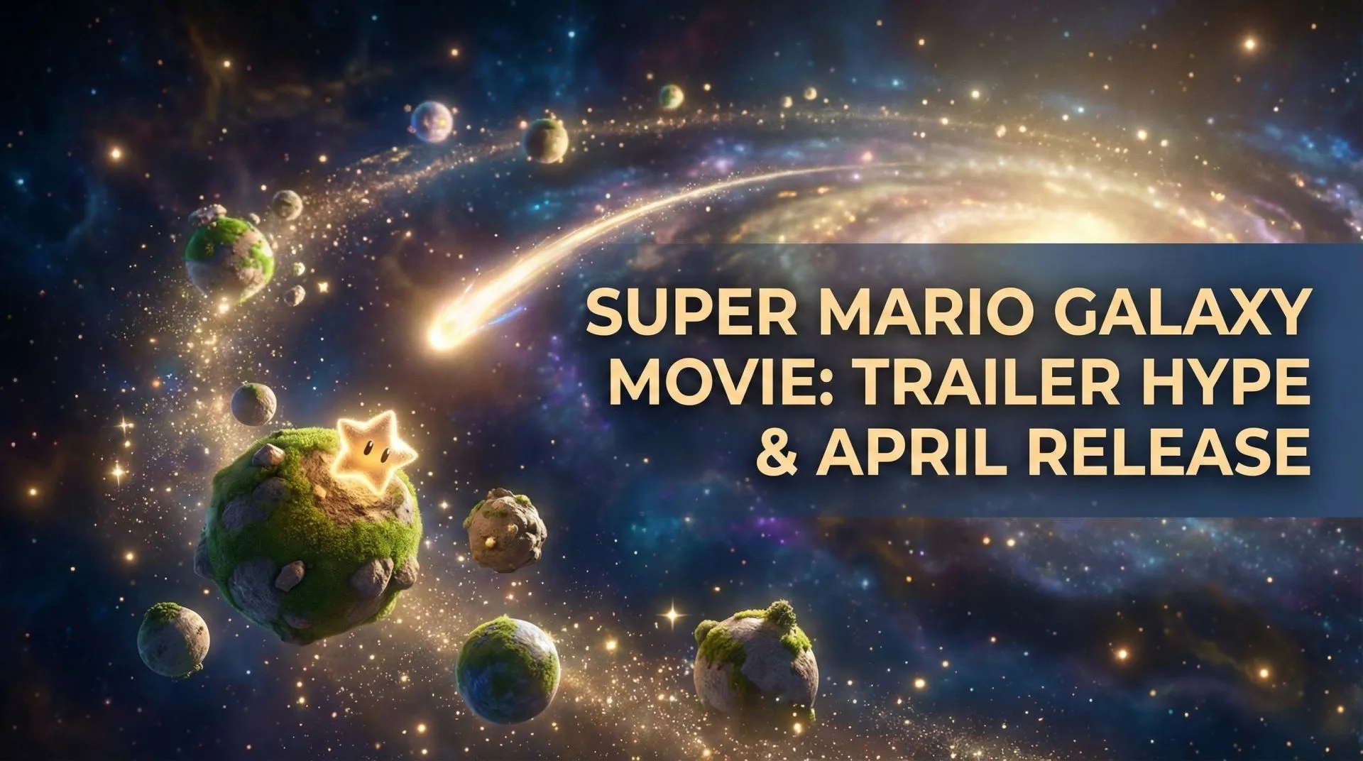 Mario and Peach flying past planetoids with sparkling star trails