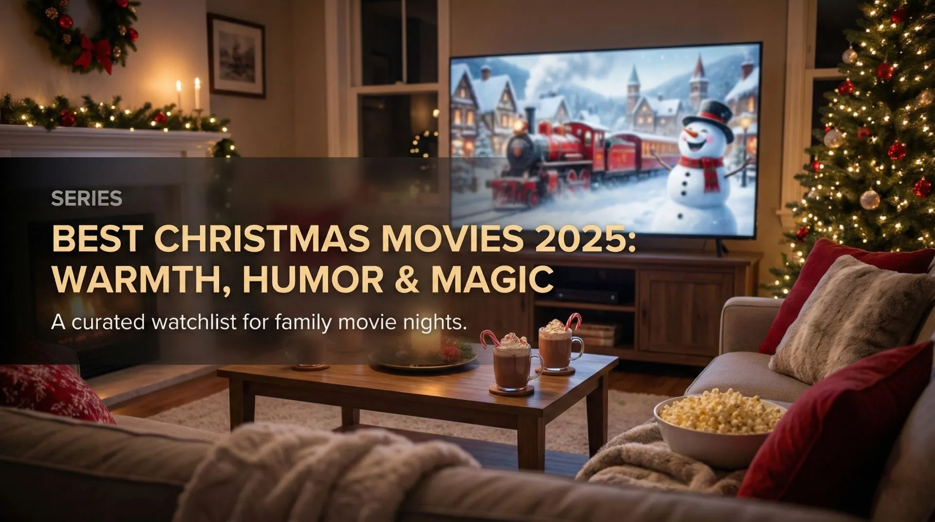 A cozy collage of Christmas movie scenes featuring Santa, snow, and family gatherings