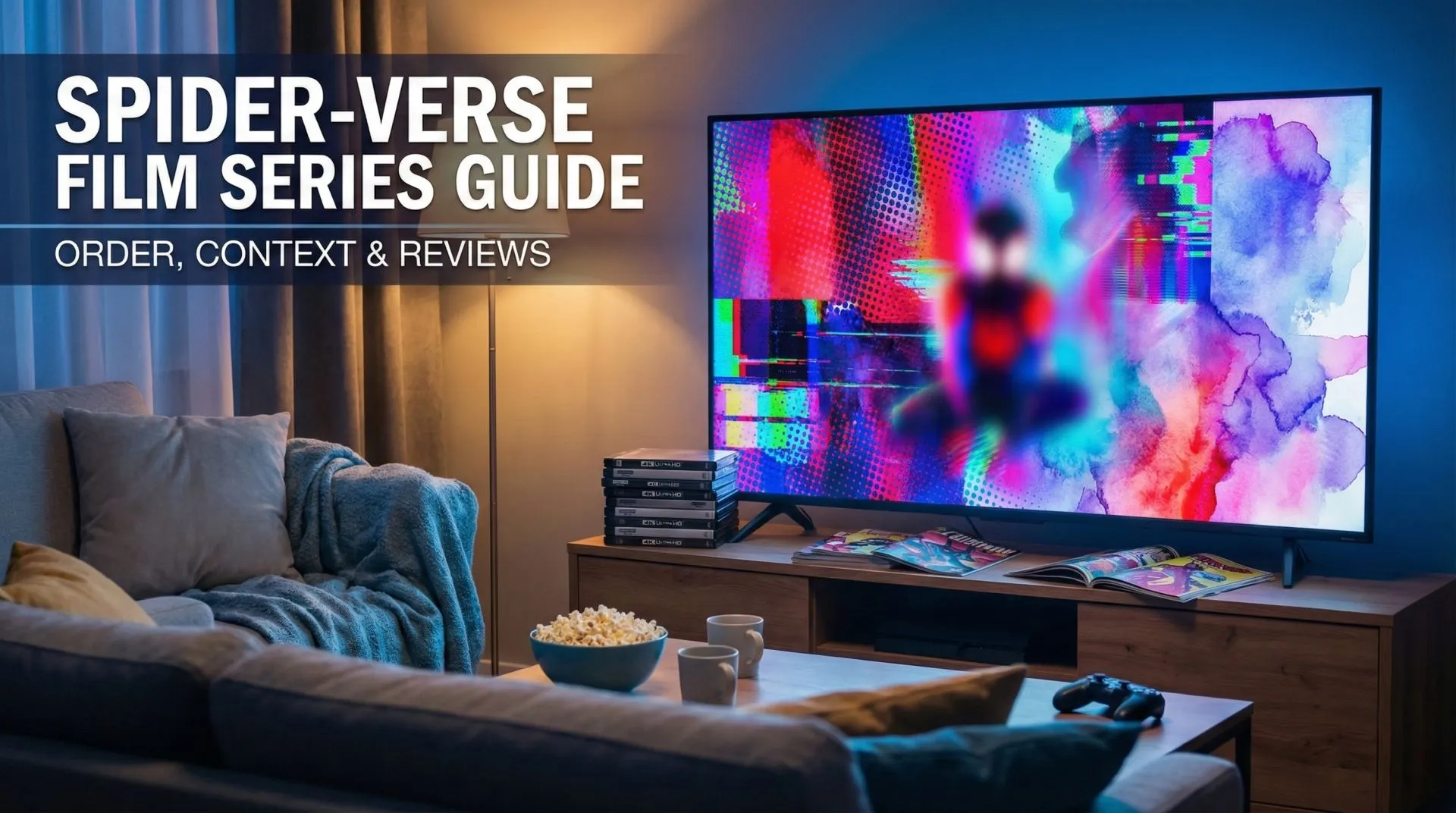 Miles Morales and Spider-Gwen diving through a neon multiverse of halftones and watercolor worlds