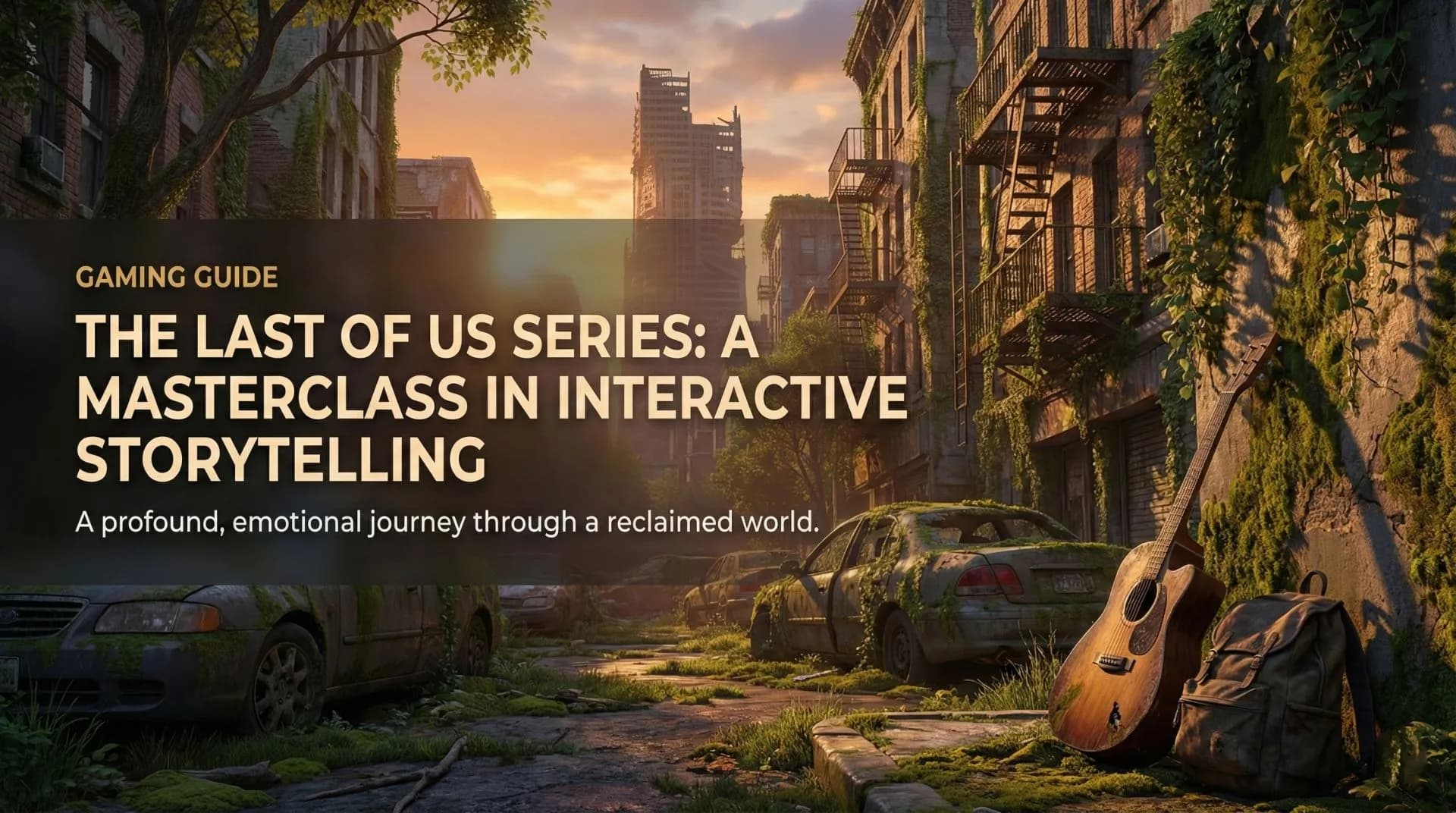 Joel and Ellie looking out over a ruined city reclaimed by nature