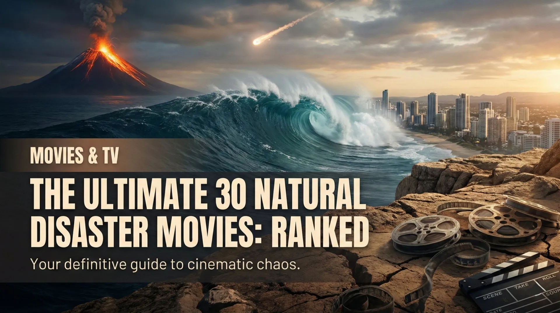 A collage of destruction: meteors, volcanoes, and massive waves