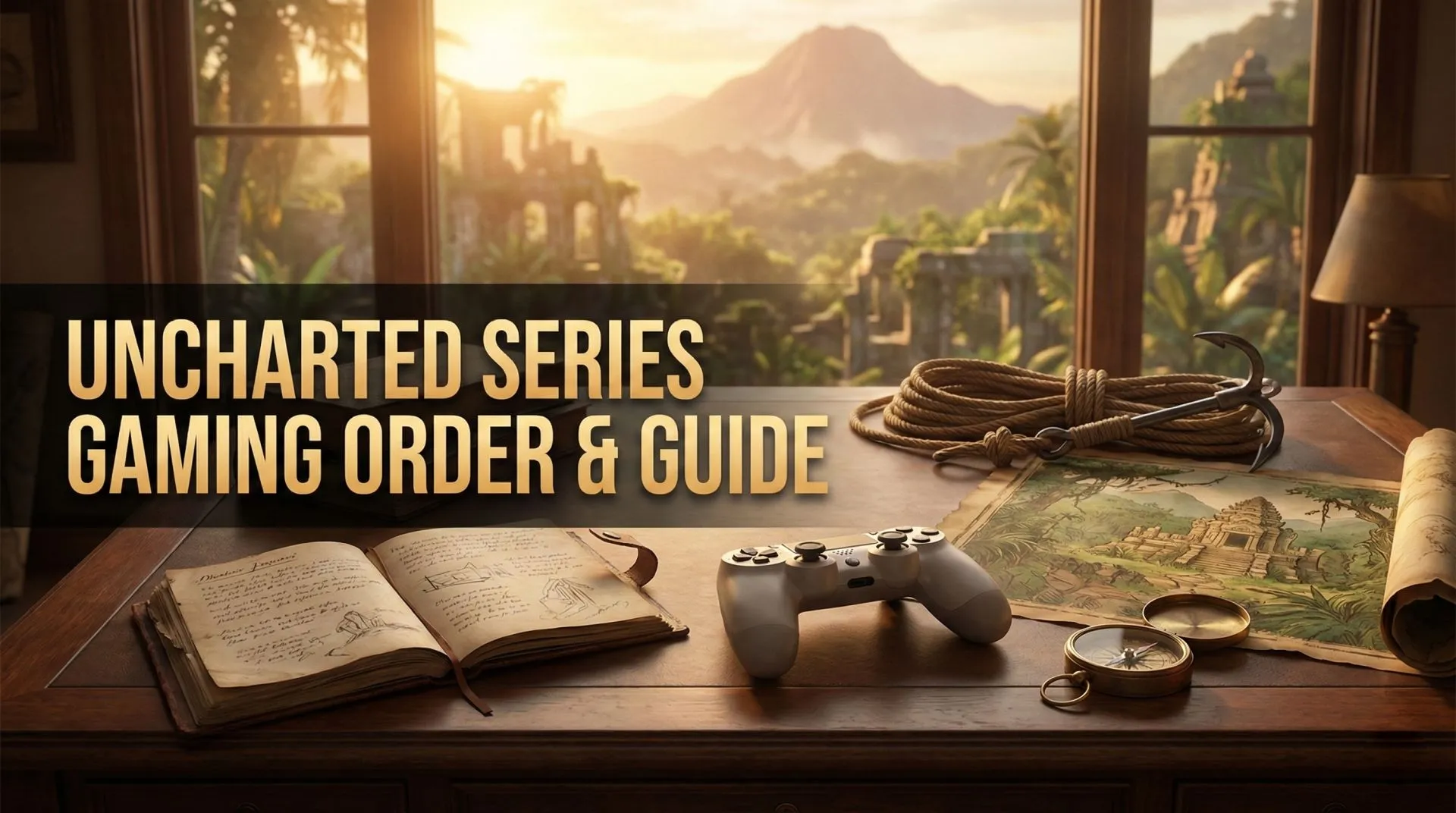 Nathan Drake hanging from a cliff edge with a scenic vista behind him