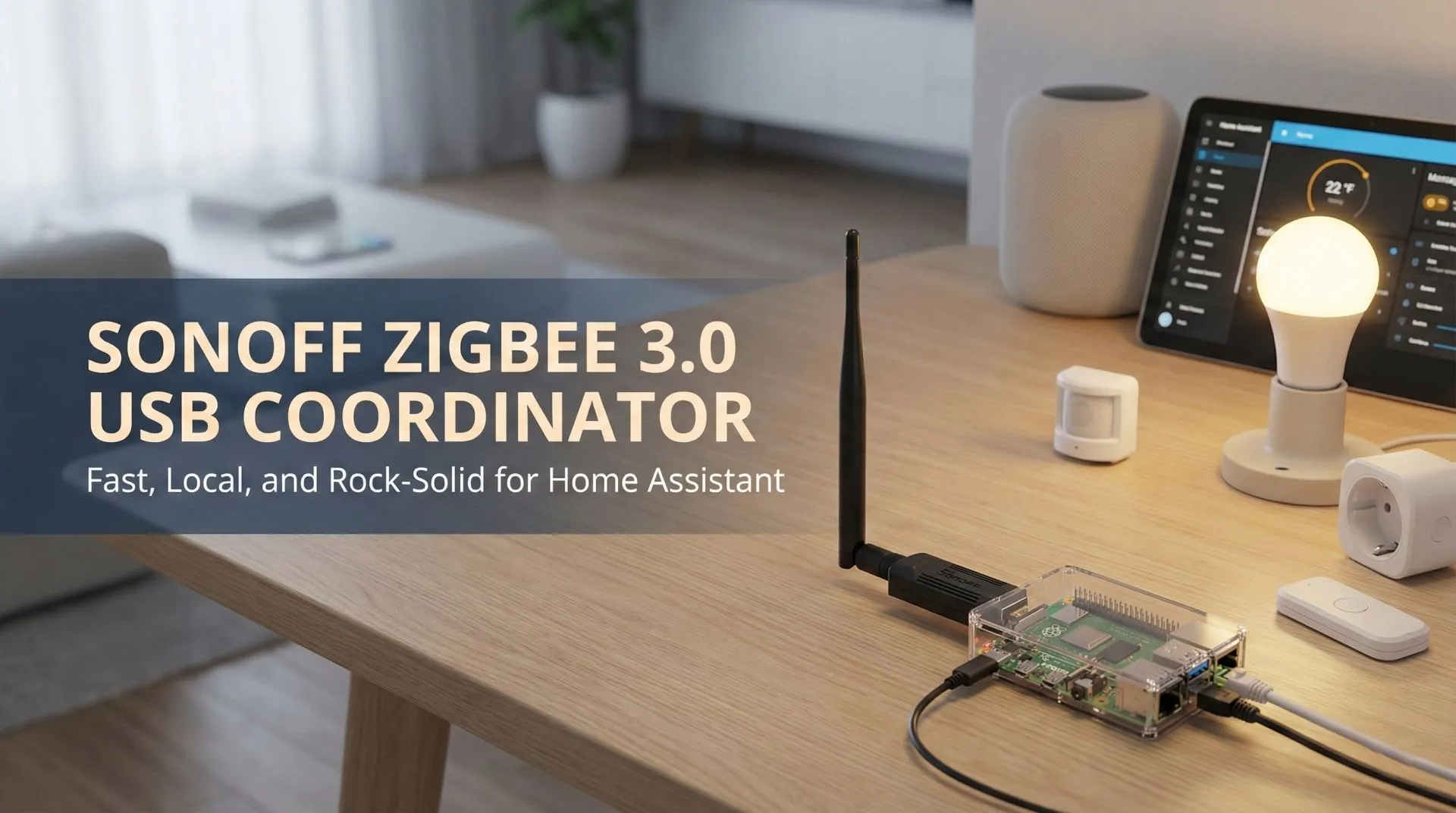 SONOFF Zigbee 3.0 USB dongle connected to a Raspberry Pi next to smart sensors and bulbs