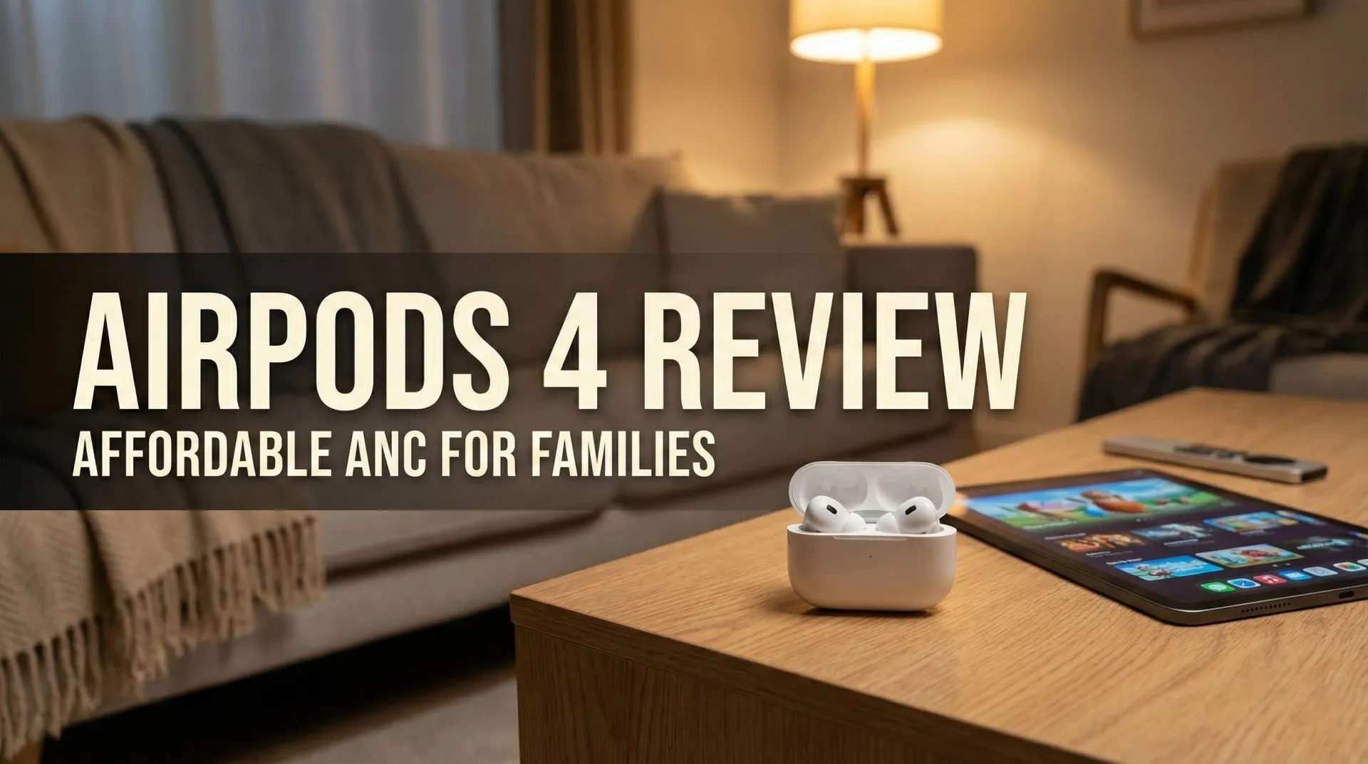 Apple AirPods 4 wireless earbuds and charging case next to an iPad