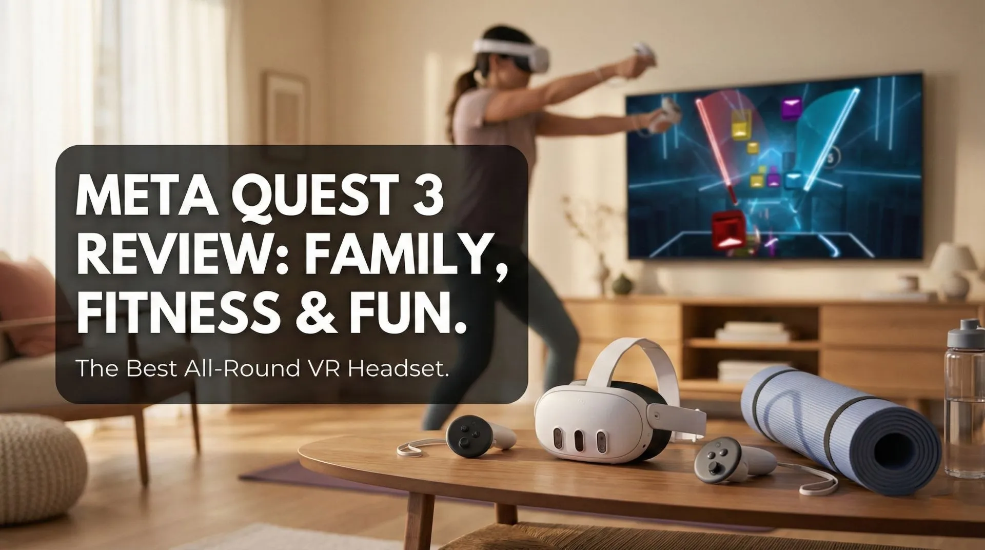 Meta Quest 3 512GB headset with Touch Plus controllers on a coffee table