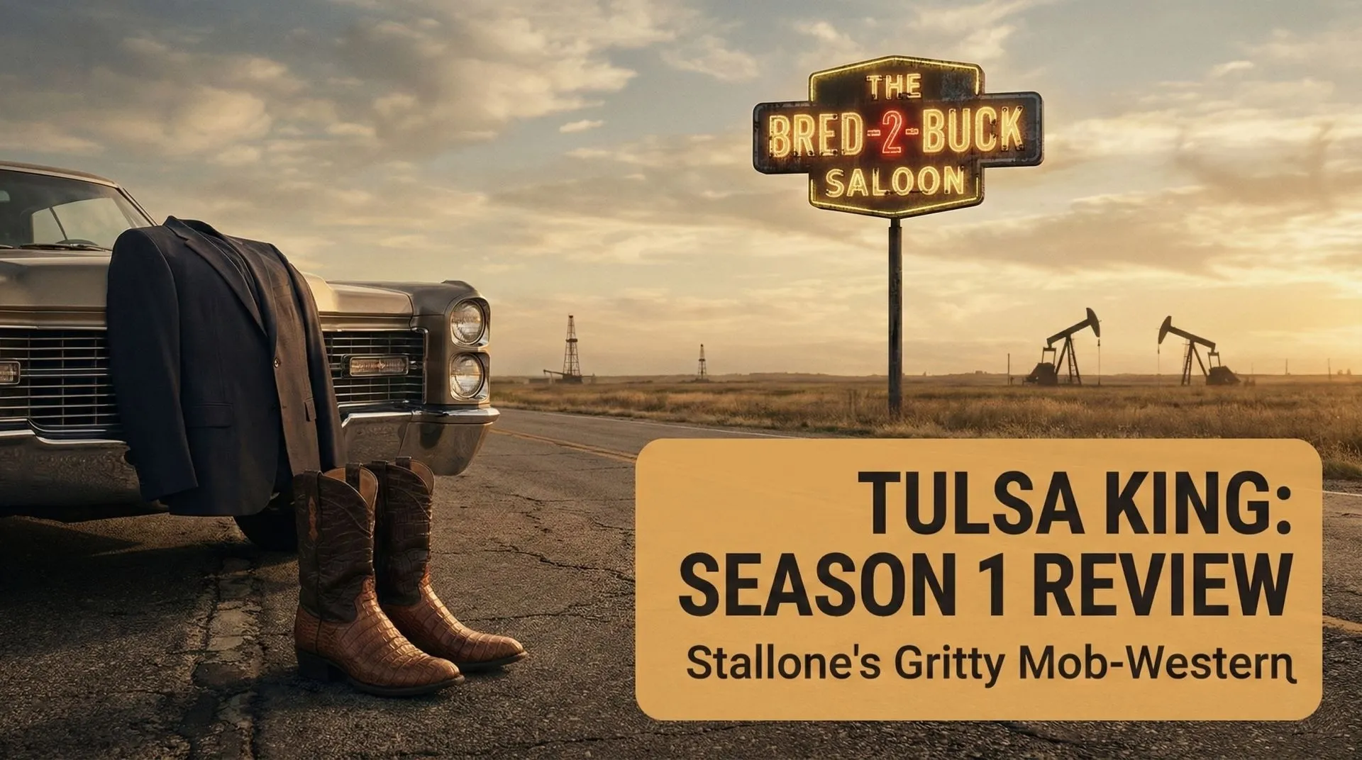 Tulsa King Season 1 Review Dwight Manfredi wearing sunglasses and a suit, looking out over a Tulsa landscape