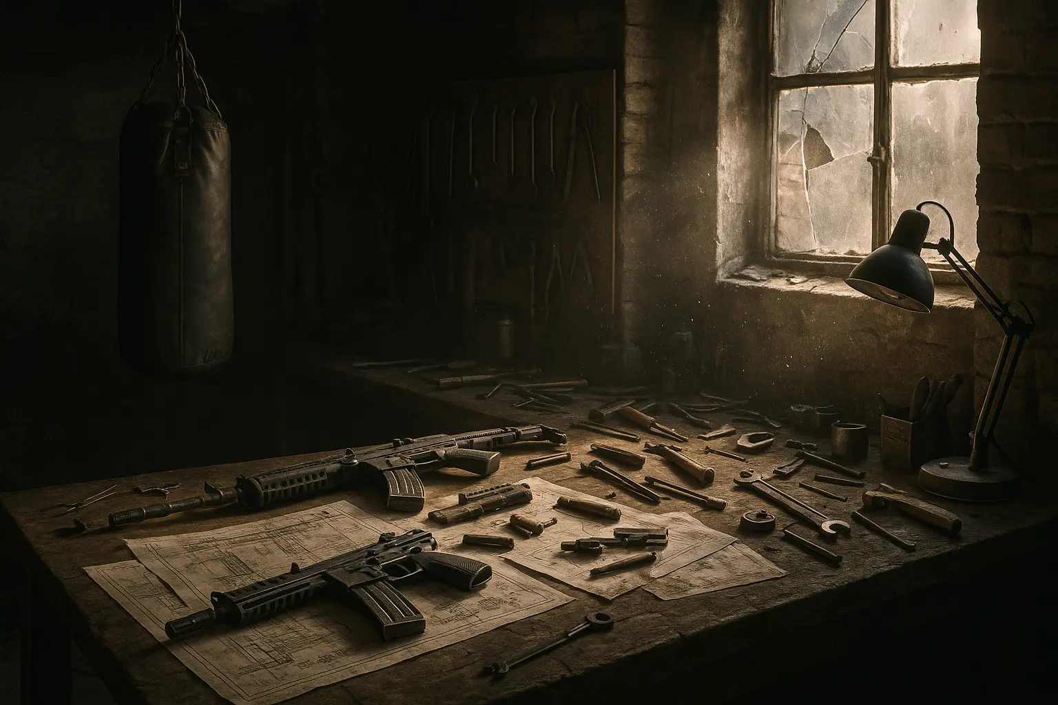 Frank Castle holding a gun, looking grim